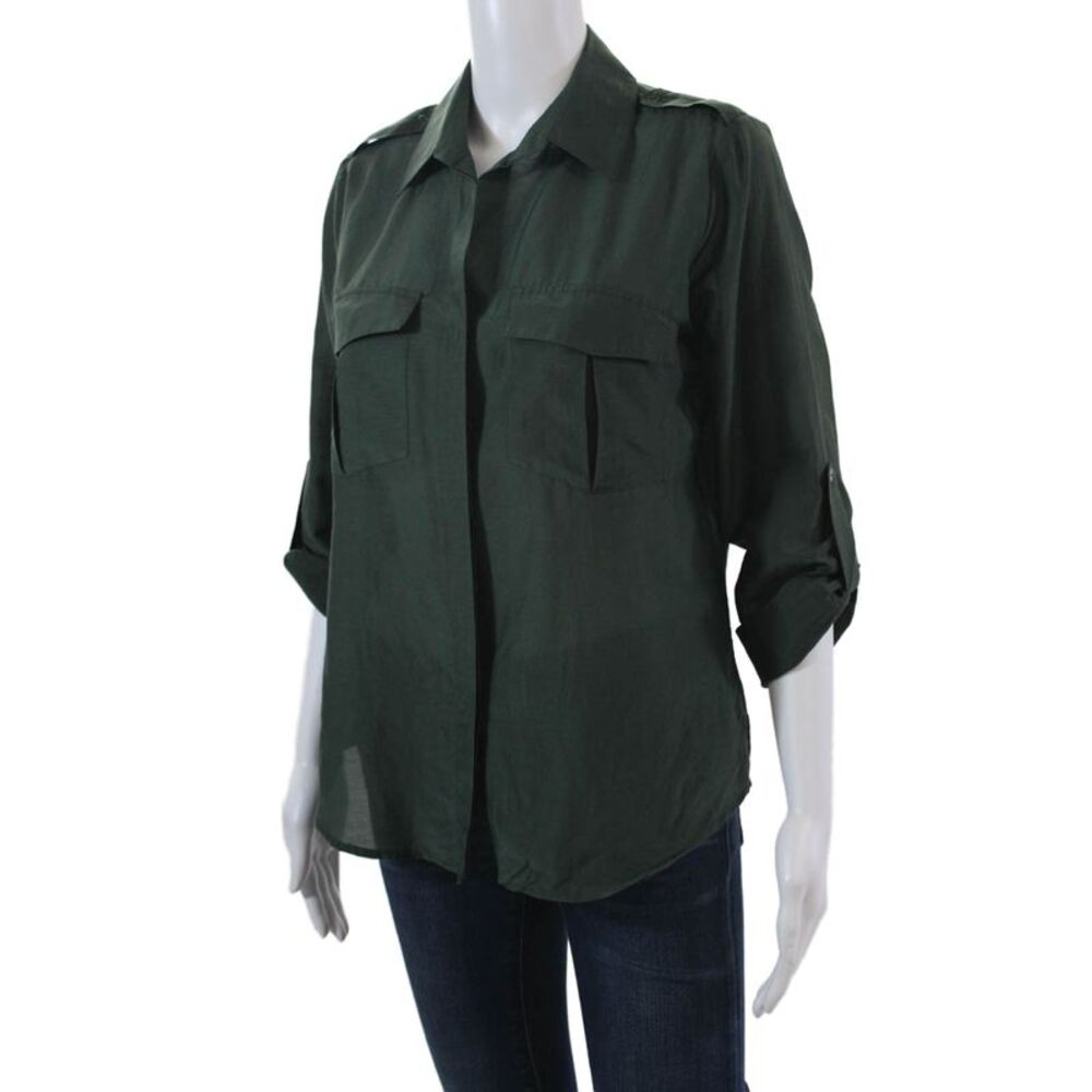 L'Agence Womens Cotton Long Sleeve Collared Button-Down Shirt Green Size S - Picture 2 of 6